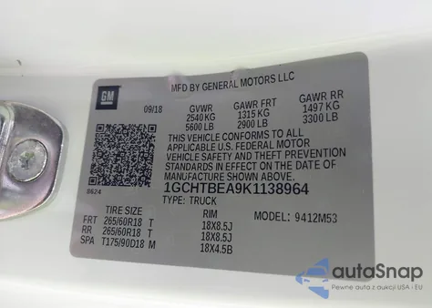 2019 Chevrolet Colorado Wt z USA, uszkodzony, nr VIN 1GCHTBEA9K1138964